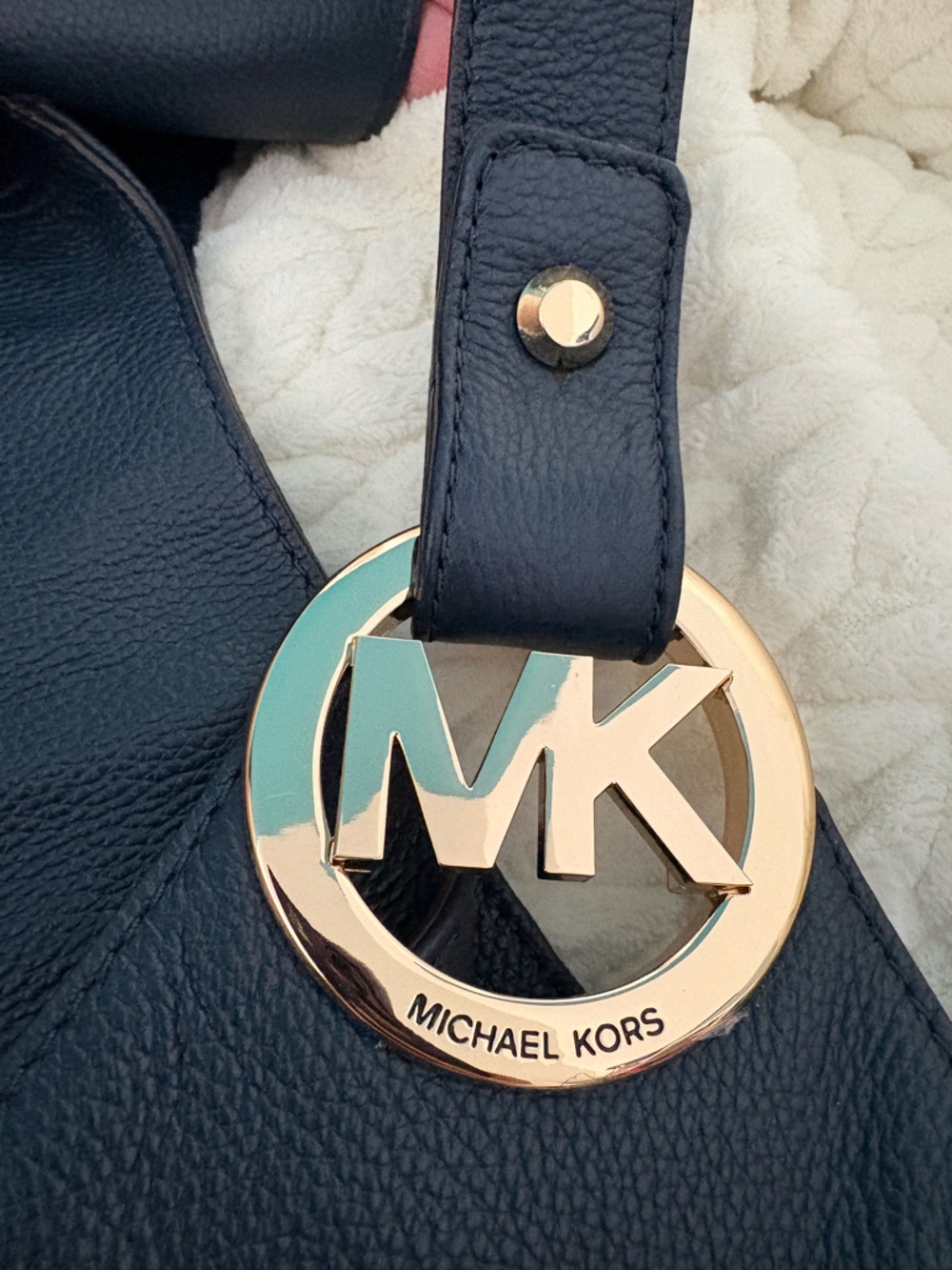 Michael Kors Navy Leather Shoulder Bag with Gold MK Charm